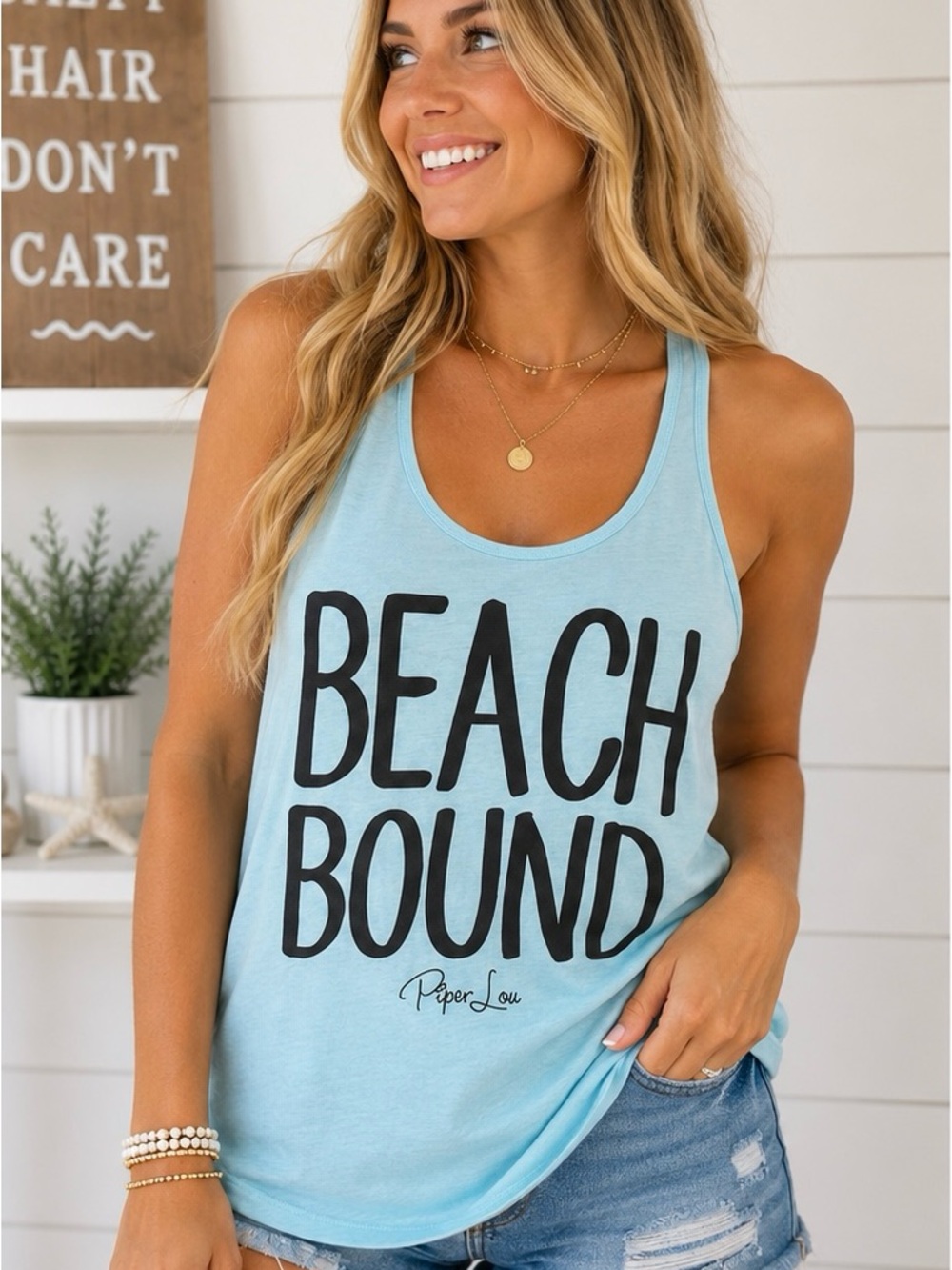 Piper Lou Beach Bound Graphic Racerback Tank Top XL Light Blue Vacation Beach